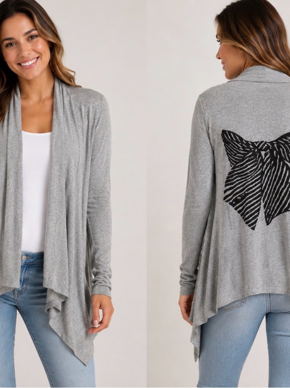 Light heather gray open-front drape cardigan Black Graphic Bow back print SZ SM